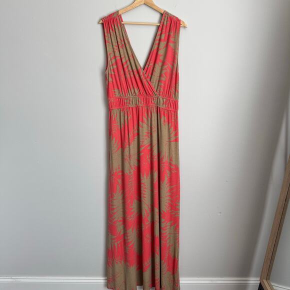Floral Maxi Dress Size Large Tan Coral Tropical Vacation Resortwear Beachy - Picture 1 of 11